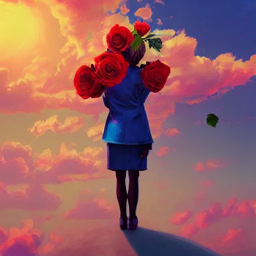Image similar to closeup, large rose flower head, portrait, girl in a suit, surreal photography, sunrise, blue sky, dramatic light, impressionist painting, digital painting, artstation, simon stalenhag