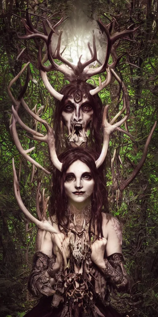 Prompt: intense glowing black metal pagan god with antlers and fangs and intense glowing eyes with a goat skull in very dark forest by mark ryden and alphonse mucha, portrait, fantasy, clear, light beams, lens flare, intense, uhd, amazing depth, cinematic lighting