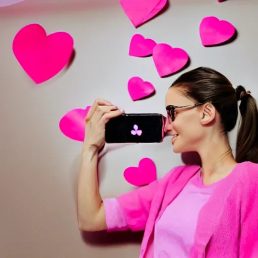 Image similar to a highly detailed college girl that looks like Natalie Portman taking a picture of herself trying to be an influencer with cute pink hearts in the air