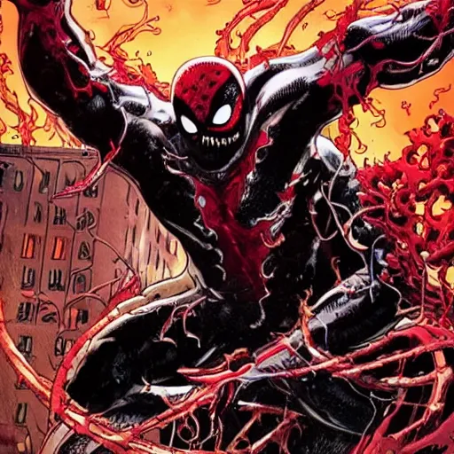 Prompt: carnage symbiote fighting dead pool in new york on a dark and stormy night