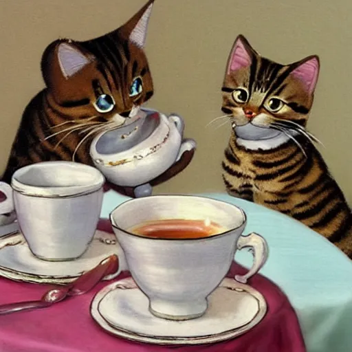 Image similar to three tabby cats attend a fancy english tea party, photorealistic photorealism