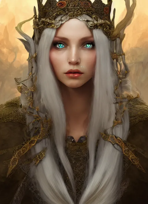 Image similar to Elf queen with long white hair, fantasy, medieval, vivid colors, fantasy, elegant, concept art, sharp focus, beautiful face!!, digital art, Hyper-realistic, 4K, Unreal Engine, Highly Detailed, HD, Dramatic Lighting by Brom, trending on Artstation