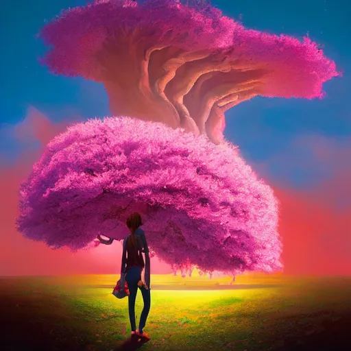 Image similar to giant cherry blossom flower as a head, girl walking in a canyon, surreal photography, sunrise, dramatic light, impressionist painting, colorful clouds, digital painting, artstation, simon stalenhag