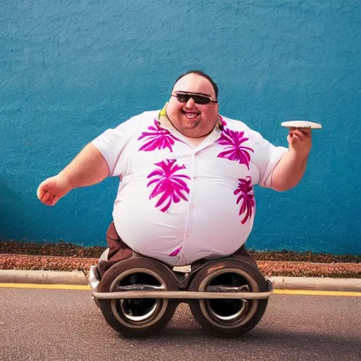 Image similar to happy fat man in a hawaiian shirt and roller skates