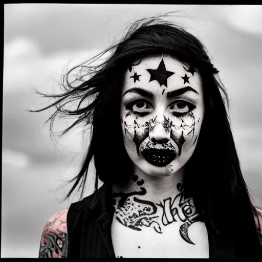 Image similar to beautiful young woman with gutterpunk pen ink face tattoos stares at the camera, night sky, stars in background, bruce gilden, leica s, fuji 8 0 0, grainy, low light