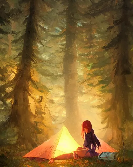 Image similar to A girl camping in the woods, Full shot, Atmospheric lighting, By Makoto Shinkai, Stanley Artgerm Lau, WLOP , Rossdraws, James Jean, Andrei Riabovitchev, Marc Simonetti, krenz cushart, Sakimichan, D&D trending on ArtStation, digital art.