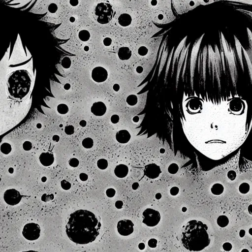 Image similar to close-up scene neighbor holding a drill and drilling holes in a room, all wall is drilled with holes, manga, professional manga artwork, very detailed, black and white manga horror in style of junji ito, kentaro miura, Tsutomu Nihei