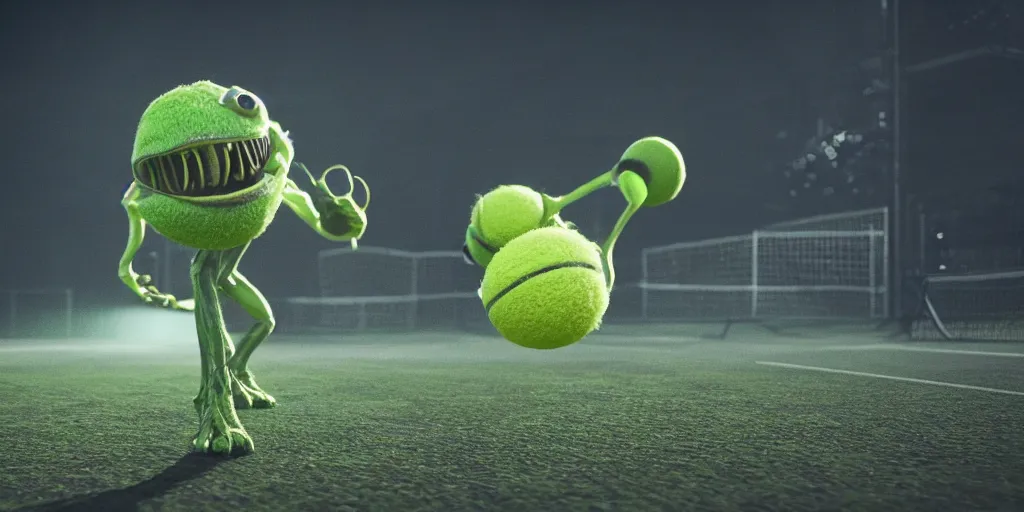 Image similar to a photo of 8 k ultra realistic tennis ball monster, tennis ball monsters, alien exotic, cinematic lighting, trending on artstation, 4 k, hyperrealistic, focused, high details, unreal engine 5, cinematic, alien planet atmosphere in background, 3 d render by basil gogos and beeple