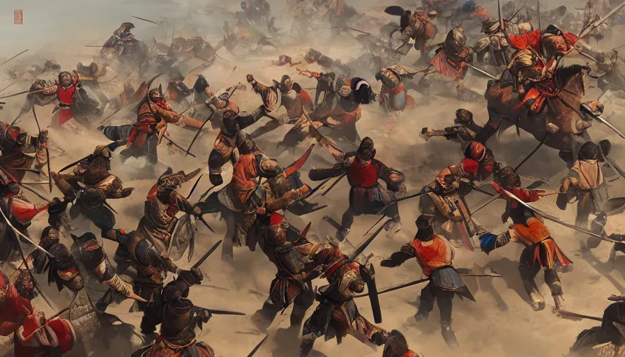 Image similar to fight between and mongols and chinese, artstation