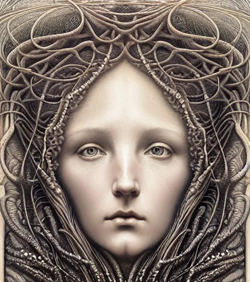 Image similar to detailed realistic beautiful ocean goddess face portrait by jean delville, gustave dore, iris van herpen and marco mazzoni, art forms of nature by ernst haeckel, art nouveau, symbolist, visionary, gothic, neo - gothic, pre - raphaelite, fractal lace, intricate alien botanicals, ai biodiversity, surreality, hyperdetailed ultrasharp octane render