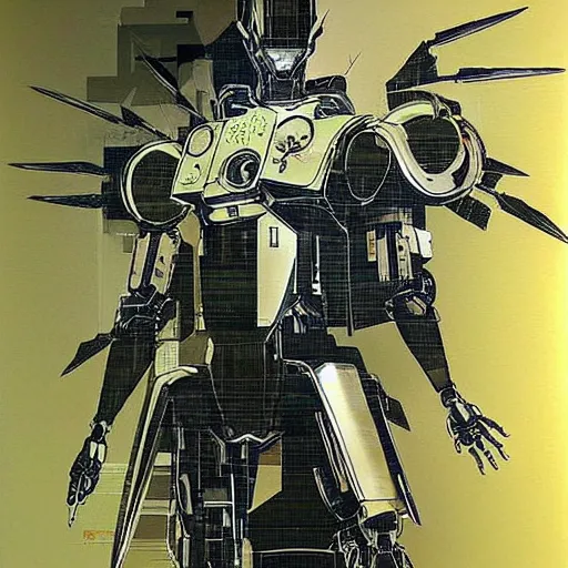 Image similar to the fullmetal neon robot sirius has a kernel without memory nor feelings, although he believes he is a god, oil on canvas by dave mckean and yoji shinkawa