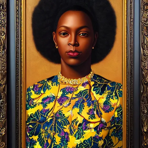 Prompt: A portrait of a thin trendy and gorgeous non-binary person, dark black skin tone, oil painting by Kehinde Wiley, majestic, detailed, high resolution