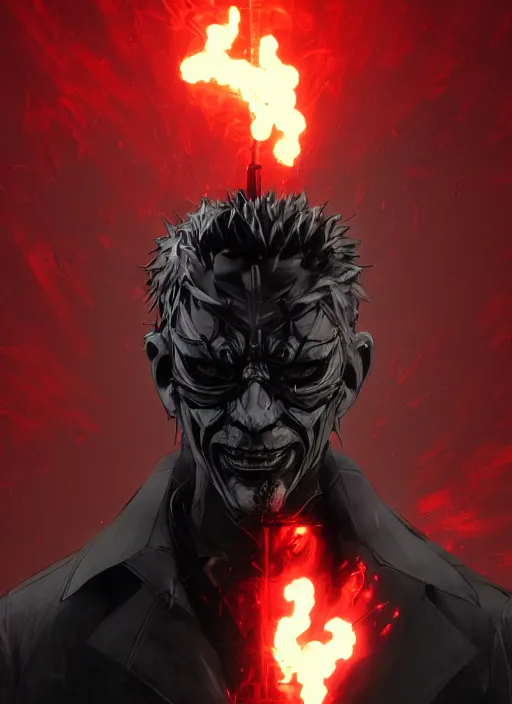 Prompt: half body portrait of an evil deity, a man in black mask and black rugged long trench coat made of smoke, red aura. in style of yoji shinkawa and hyung - tae kim, trending on artstation, dark fantasy, great composition, concept art, highly detailed, dynamic pose.
