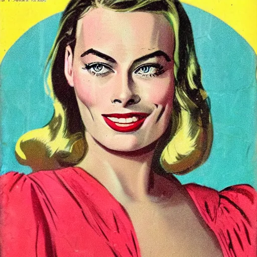 Image similar to “Margot Robbie portrait, color vintage magazine illustration 1950”