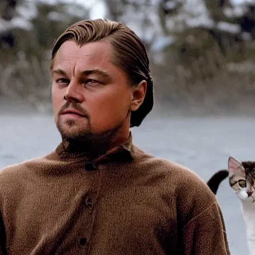 Prompt: leonardo dicaprio as a cat in a live action movie, action movie still