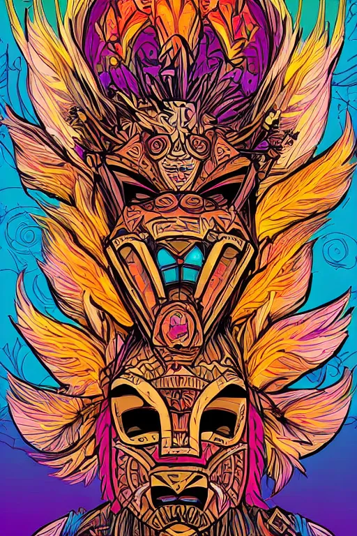 Image similar to totem animal mask tribal feather gemstone plant wood rock shaman vodoo video game vector illustration vivid color borderlands by josan gonzales and dan mumford radiating a glowing aura