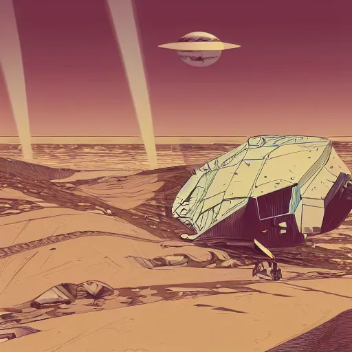 Prompt: very detailed, ilya kuvshinov, mcbess, rutkowski, illustration of a giant ship that has crash landed on a desert planet