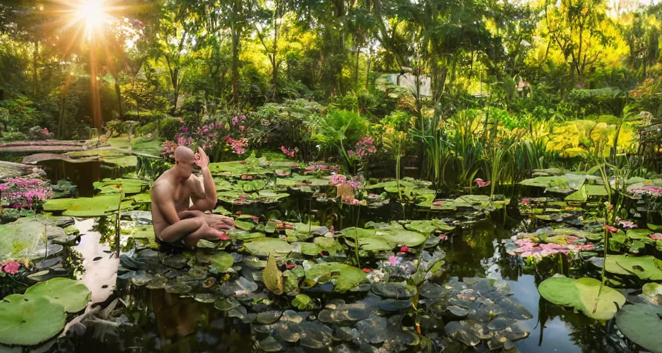 Image similar to ant view of a zen master symmetrical body, clothed in a beautiful kimono quietly sitting in a rock garden overlooking a pond of lilly pads during a sublime sunset, one sun, his dark silhouette completely obscured by bokeh, colorful masterpiece photography,