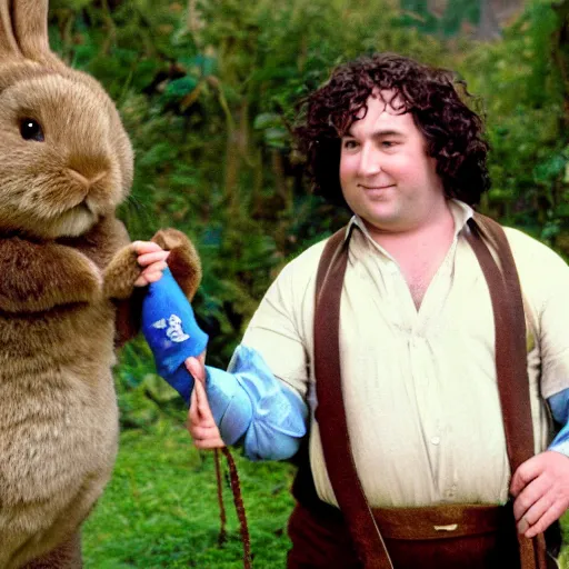 Prompt: clean shaven pudgy British lad with short curly dark brown hair as a hobbit wearing a white men's crossbody sling chest bag and blue vest standing next to a giant rabbit, high resolution film still, movie by Peter Jackson