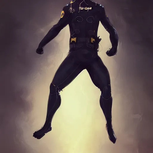 Image similar to a hero named rope man, his suit is black and blue and he has a bat like wing suit under it, mystic, concept art, artstation, greg rutkowski, reference sheet