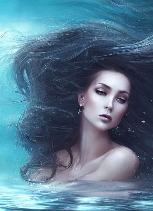 Prompt: a beautiful woman underwater with flowing long hair, 8 k, sensual, hyperrealistic, hyperdetailed, beautiful face, long hair windy, dark fantasy, fantasy portrait by laura sava