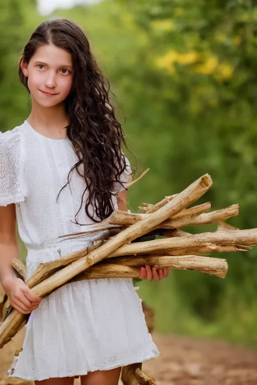 Image similar to a middle-school girl with brown eyes and unkempt wavy short brown hair wearing a white dress and holding a bundle of firewood, high resolution film still, 8k, HDR color, short hair, round face, dimples, beautiful gazing eyes