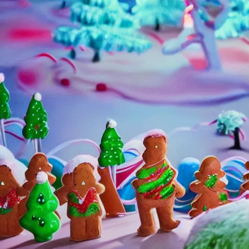 Image similar to Candy land forest during christmas time with anthropomorphic ginger bread people and candy people, rivers made out of chocolate milk, the sky is pink, 3d art, Surreal, Angelic, HD, Hyper Realistic