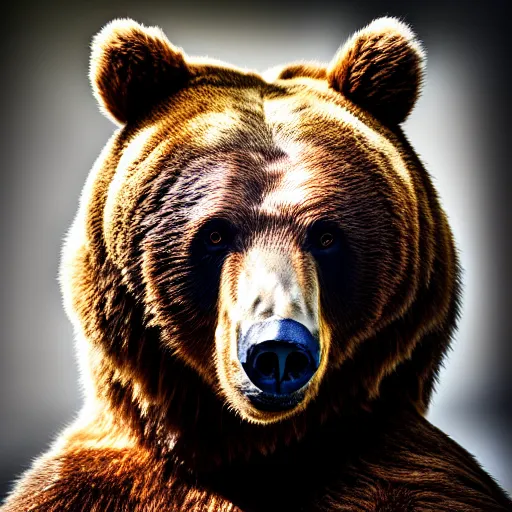 Prompt: Portrait of a bear , grim fantasy , EOS R5, f/2.8, HDR, fur, natural light, medium close shot, dynamic pose, award winning photograph, Michelangelo style