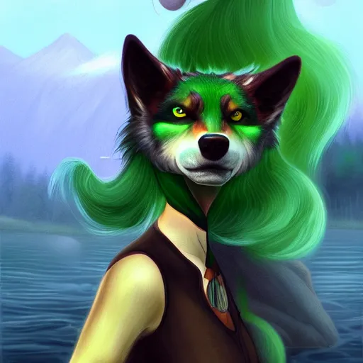 Image similar to Beautiful digital painting, oil painting, anthro anthropomorphic pastel-green androgynous wolf, at a lake Punk outfit. furaffinity, artstation