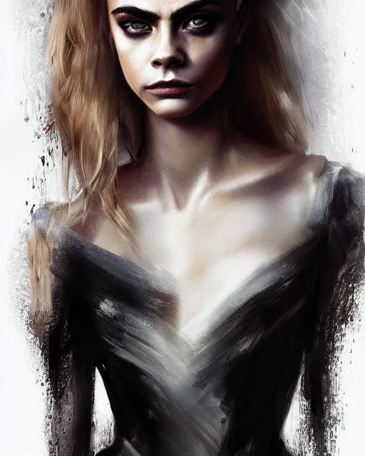 Image similar to portrait of cara delevingne wearing a smoldering dress by Alexander McQueen, Elden Ring, raymond swanland, trending on artstation