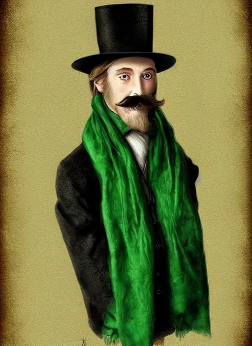 Image similar to an old baron d'arignac, long hair, wear an elegant mustach, white scarf, green shirt, by artgem, digital art, highly detailled