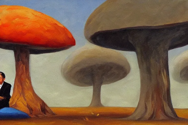 Prompt: sad orban viktor sitting under a big mushroom, surreal oil painting