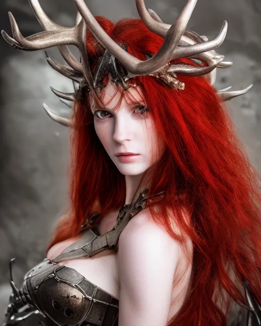 Image similar to 5 5 mm portrait photo of an armored redhead woman with antlers on her head, by luis royo. highly detailed 8 k. intricate. lifelike. soft light. nikon d 8 5 0. cinematic post - processing