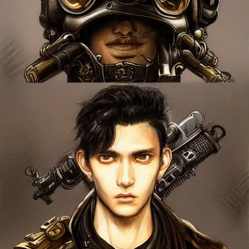 Prompt: portrait of a man by ayami kojima, black, french, he is about 2 0 years old, short black hair, annoyed older brother vibes, he is wearing a steampunk tactical gear, highly detailed portrait, digital painting, artstation, concept art, smooth, sharp foccus ilustration, artstation hq