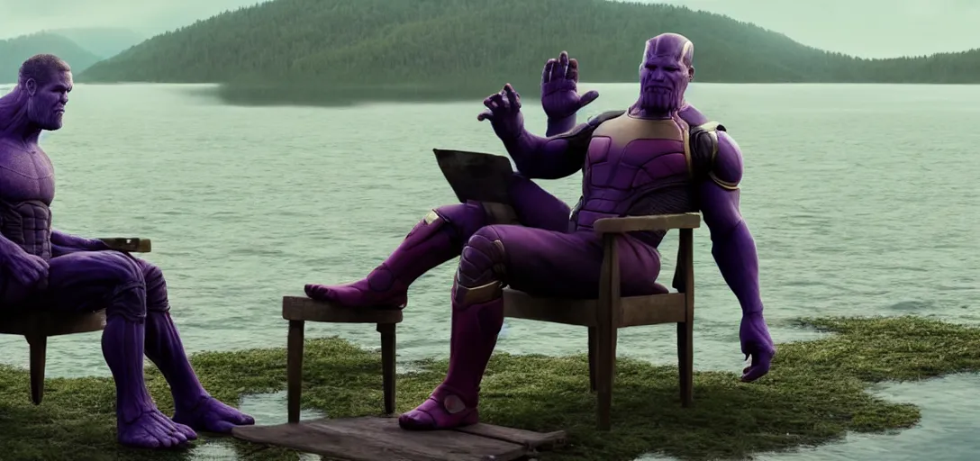 Image similar to a very high resolution image from a new movie. thanos sitting on chair in a lake, photorealistic, photography, directed by wes anderson