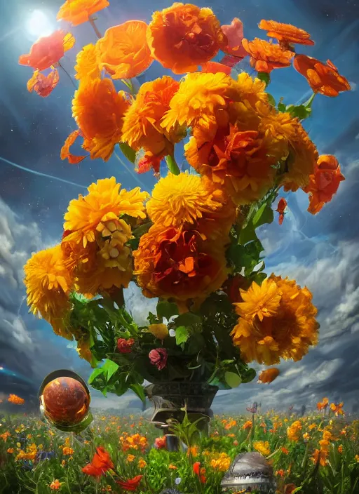 Image similar to An epic fantastic realism comic book style painting of the most beautiful flowers launched into space, bouquets, solar eclipse, fisheye, unreal 5, DAZ, hyperrealistic, octane render, dynamic lighting