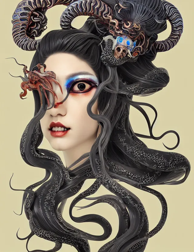 Prompt: 3 d goddess squid half - turn portrait with long hair with ram skull. beautiful intricately detailed japanese crow kitsune mask and clasical japanese kimono. betta fish, jellyfish phoenix, bio luminescent, plasma, ice, water, wind, creature, artwork by tooth wu and wlop and beeple and greg rutkowski