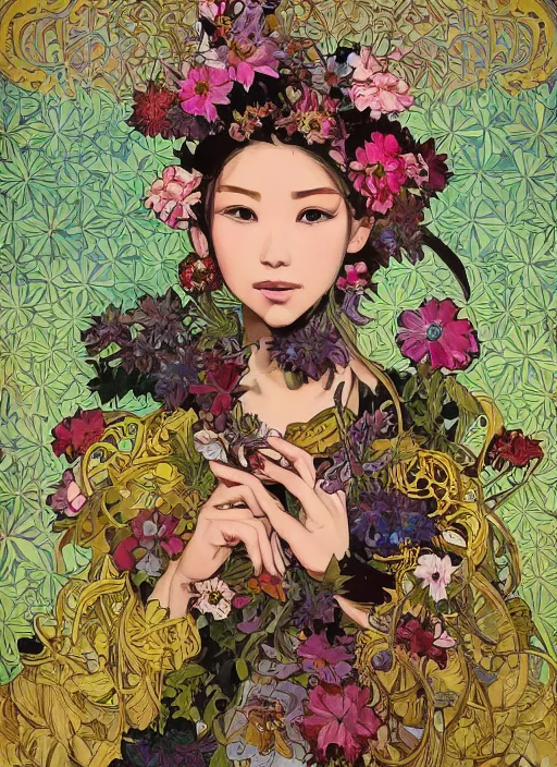 Image similar to !!! very coherent!!! oil painting, beautiful floralpunk iban bio mechanical portrait girl female illustration detailed patterns art of sarawak traditional dress, flower pop art, floral splash painting, art by ashley wood, alphonse mucha, makoto shinkai, geof darrow, dark shadow