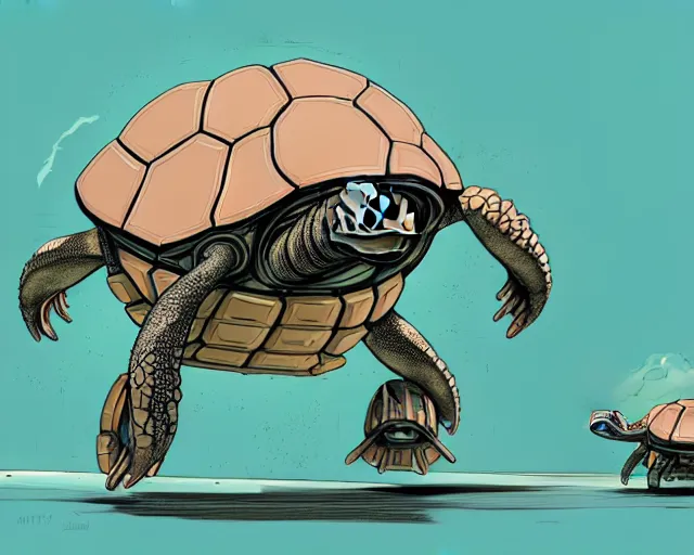 Image similar to a study of cell shaded cartoon of a mechanized turtle with a tank treads, and a human head, illustration, wide shot, subtle colors, post grunge, concept art by josan gonzales and wlop, by james jean, Victo ngai, David Rubín, Mike Mignola, Laurie Greasley, highly detailed, sharp focus, alien, Trending on Artstation, HQ, deviantart, art by artgem