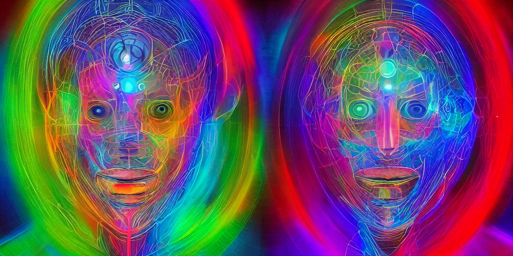Image similar to ai transcendence into collaborative intelligence, connectedness, body, by alex grey, album cover, award winning, beautiful, colorful, volumetric lighting, trending on artstation, cinematic