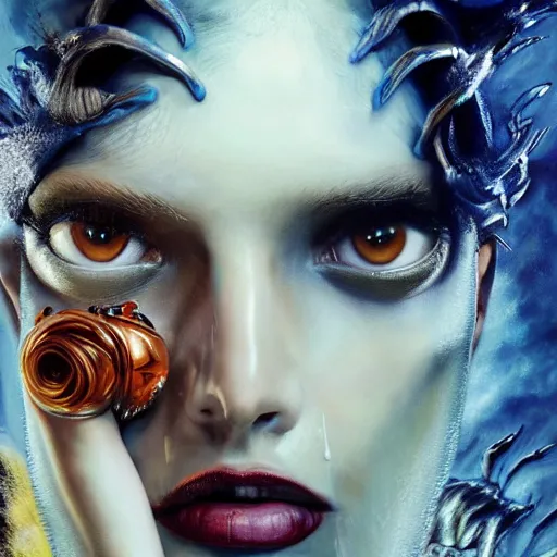 Prompt: 3 d, close - up, screaming fashion model face, sun, cinematic, clouds, vogue cover style, dystopian art, poster art, futuristic, fantasy artrealistic painting, intricate oil painting, high detail illustration, by guillermo del toro and james jean and david diao