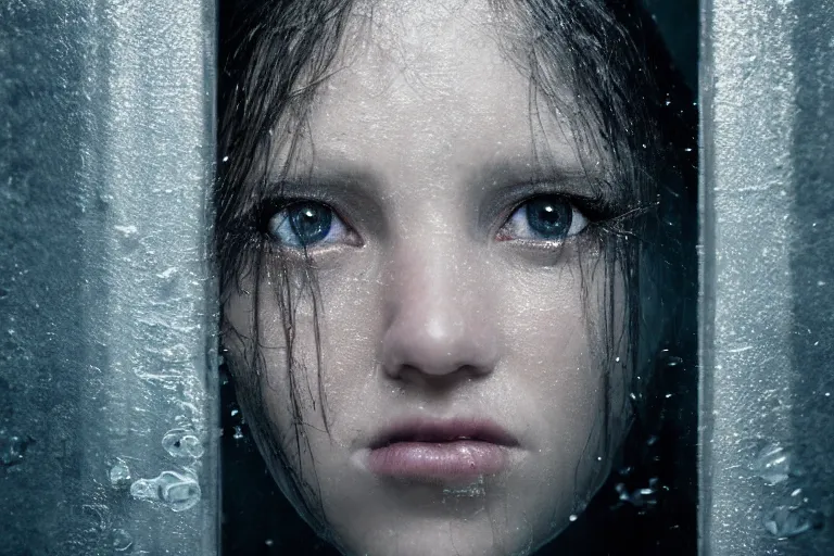 Image similar to an ultra realistic, cinematic, fantasy, portrait, of a woman, face in water, dramatic, soft light, dreamy, facial features, stood in a cell, with prison clothing, detailed, deep focus, movie still, dramatic lighting, ray tracing, by michal karcz and yoshitaka amano