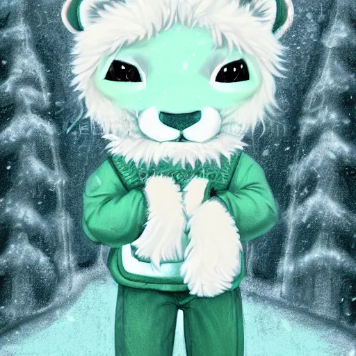 Prompt: aesthetic portrait commission of a albino male furry anthro lion wearing a cute mint colored cozy soft pastel winter outfit, winter atmosphere. character design by catboot, stutterhug, jibkodi and tinydeerguy