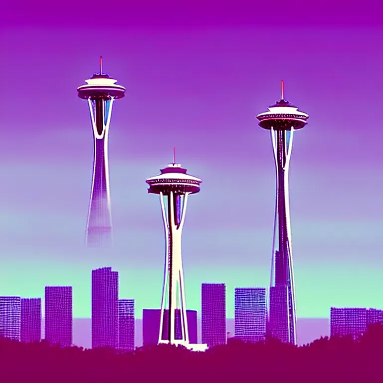 Image similar to a beautiful and balanced vaporwave scene depicting outrun and the space needle