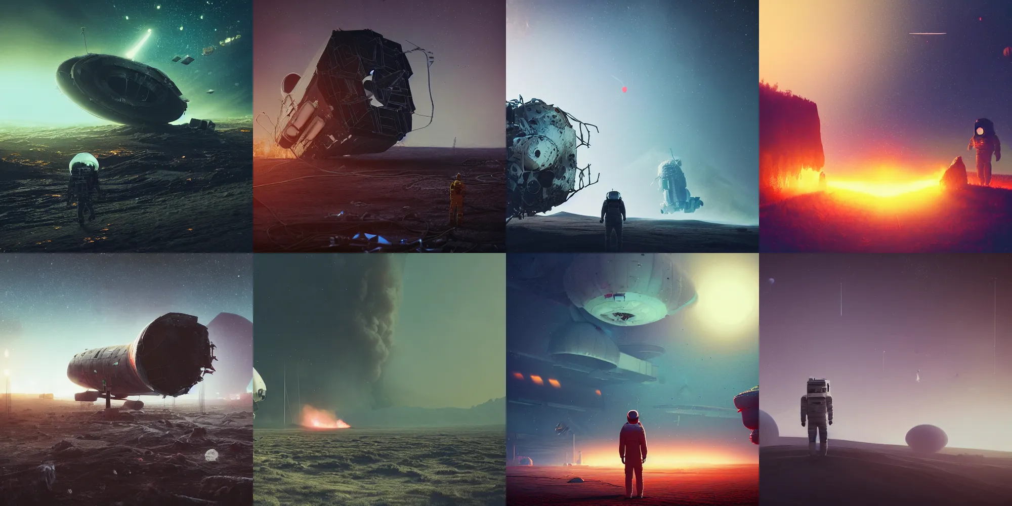 Prompt: beautiful dark landscape, astronaut standing looking, wrecked spacecraft destroyed on fire, in the style of beeple and Mike Winkelmann, photo real, ultra realistic, intricate, epic lighting, 8k resolution,