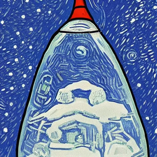 Image similar to a space rocket inside a snow globe by van gogh