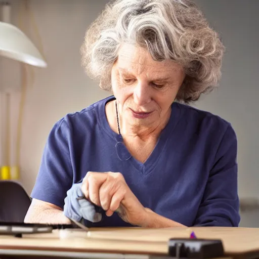 Image similar to older woman building electrical wiring on desk, soft lighting, matte painting, curly hair