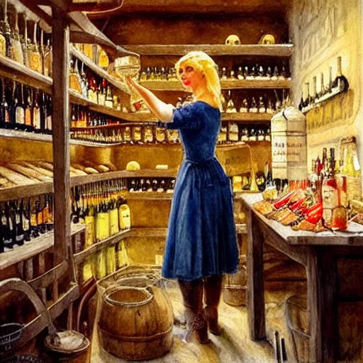 Image similar to hot blonde working in a wine cellar, food, pork, beer, schnapps, rustic, traditional, torches on the wall, watercolor by vladimir volegov and carl larsson