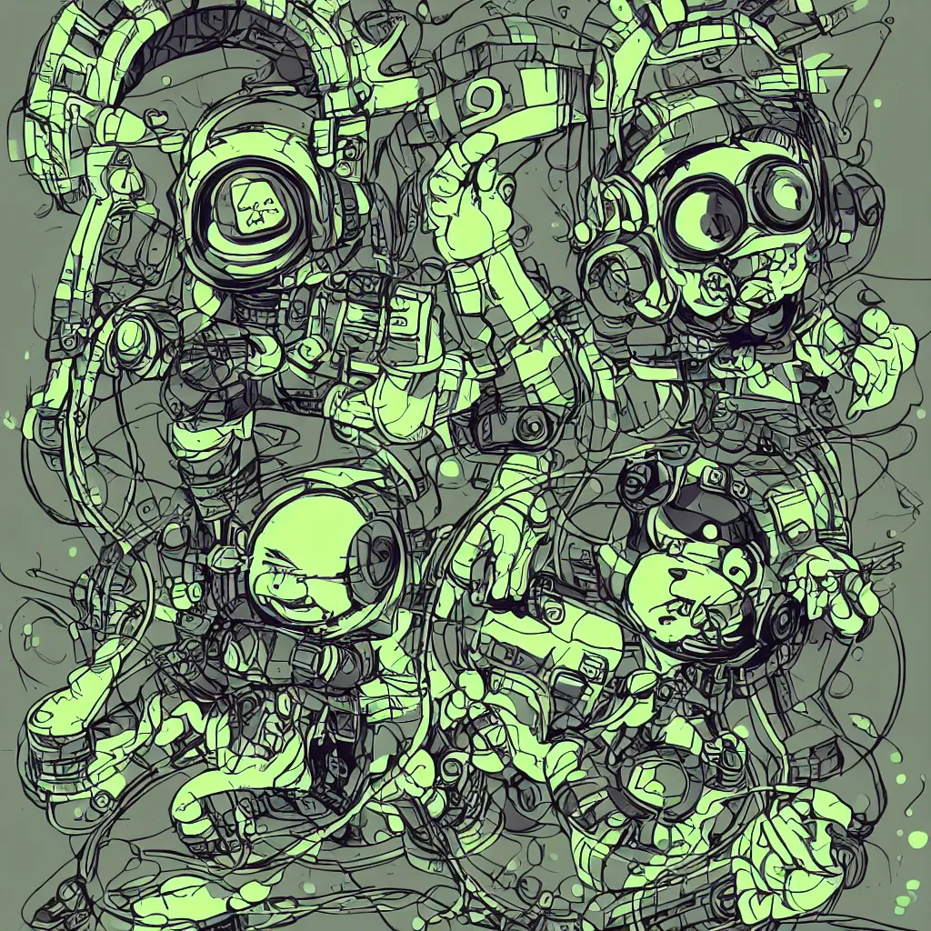 Image similar to a toad wearing headphones, ryuta ueda artwork, breakcore, style of jet set radio, y 2 k, gloom, space, cel - shaded art style, sacred geometry, data, minimal, code, cybernetic, dark, eerie, cyber