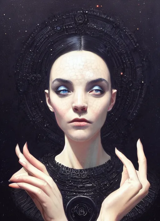 Image similar to close picture of a black dress witch researching about the azathoth, model pose, very brightening eyes, huge magic circles on the hand, magic and fantasy, extremely beautiful and aesthetic and detailed cute face, specular reflection, occlusion shadow, intricate, masterpiece, by ilya kuvshinov and jeremy lipking and quentin mabille